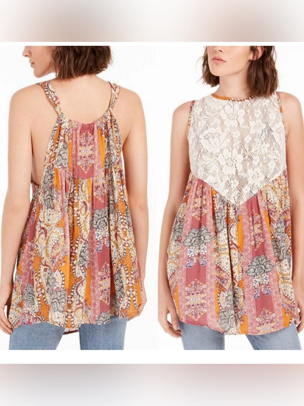 Free People Lace Yoke Patchwork Camisole - Pink & Mustard